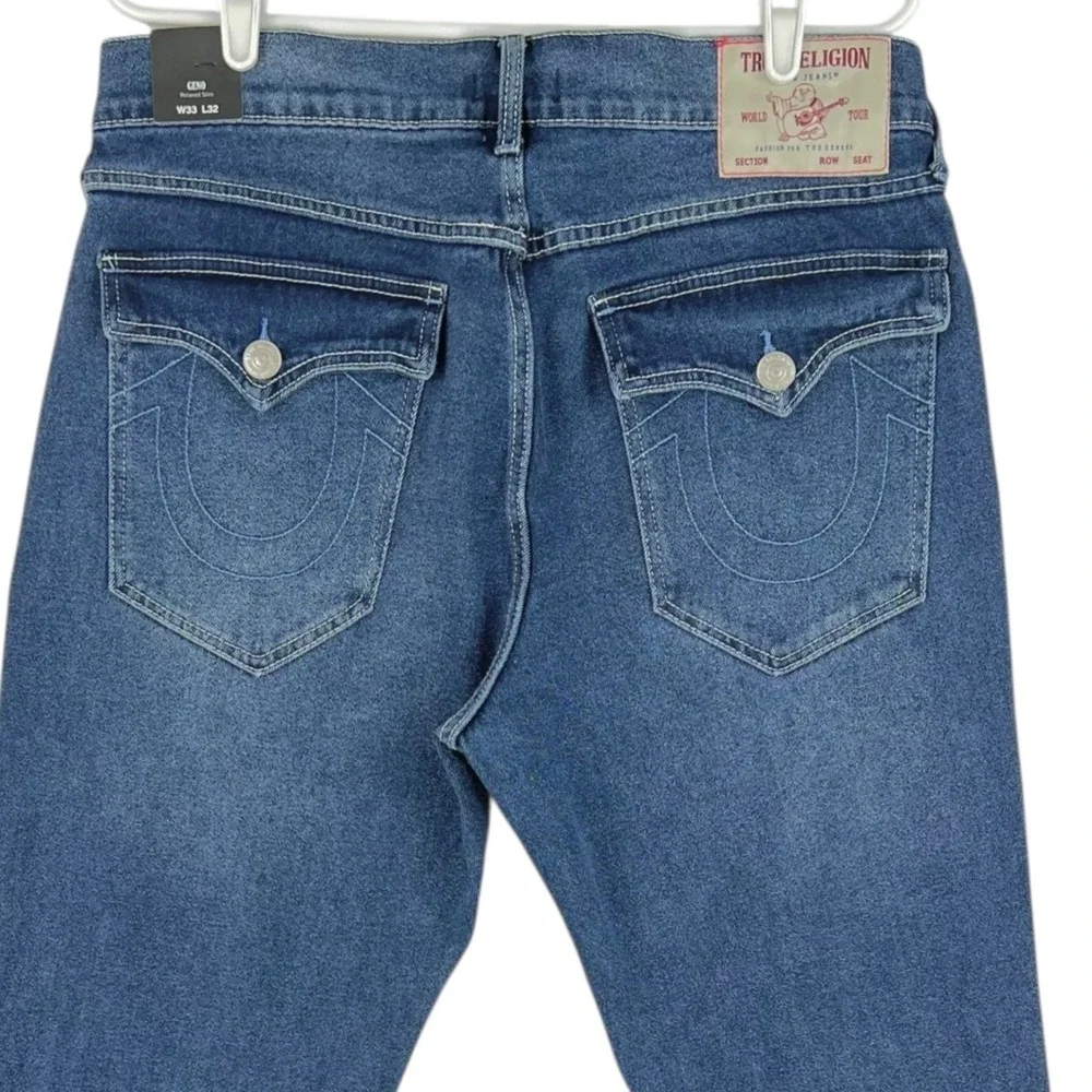 True Religion Men's Stretch Navy Jeans 33x32 Geno Relaxed Flap Pockets NWT